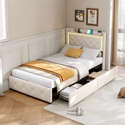 ProximaX Lit simple 90x200 cm velours beige avec tiroirs, rangement tête et lit à gaz, LED, ports USB et Type-C, design moderne
