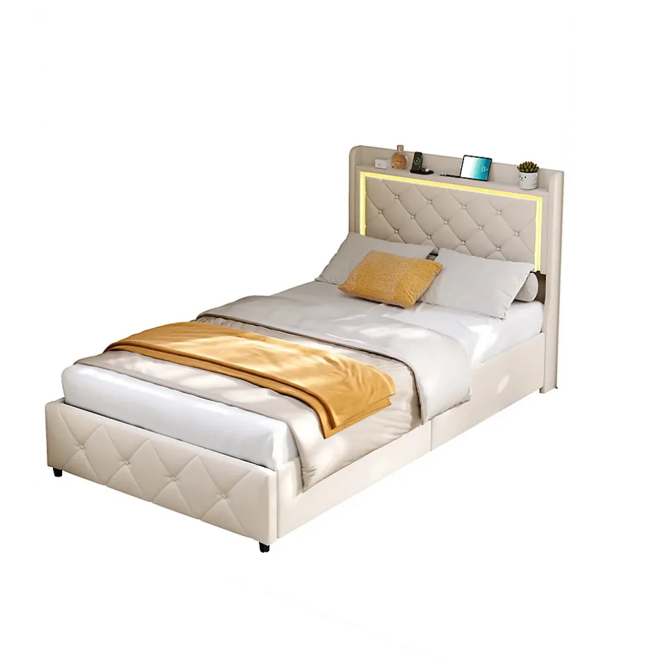 ProximaX Lit simple 90x200 cm velours beige avec tiroirs, rangement tête et lit à gaz, LED, ports USB et Type-C, design moderne