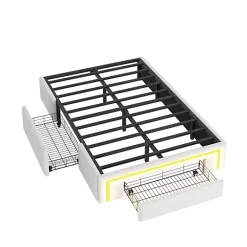 ModernLuxe Lit simple 90x200cm - 2 tiroirs - sans tête de lit - LED - blanc (matelas non inclus)