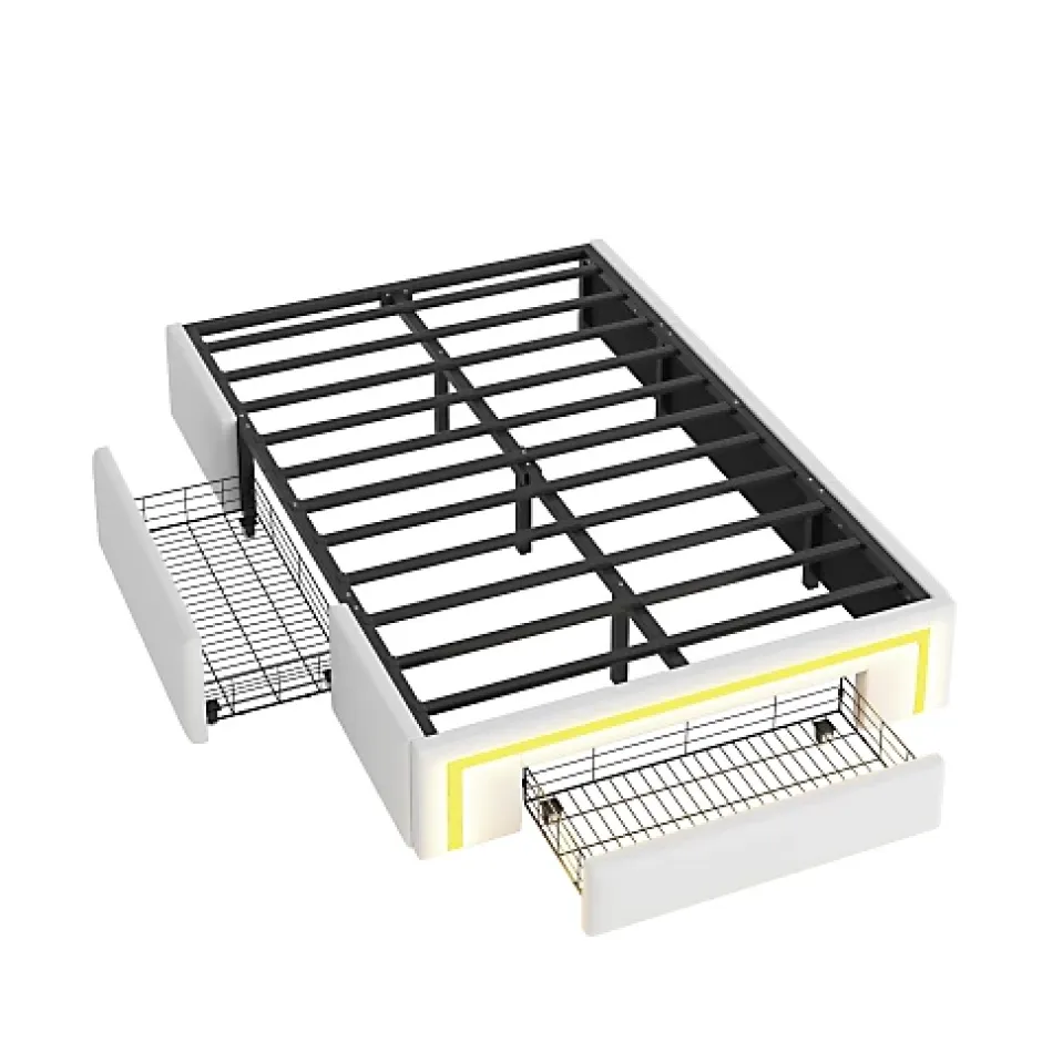ModernLuxe Lit simple 90x200cm - 2 tiroirs - sans tête de lit - LED - blanc (matelas non inclus)