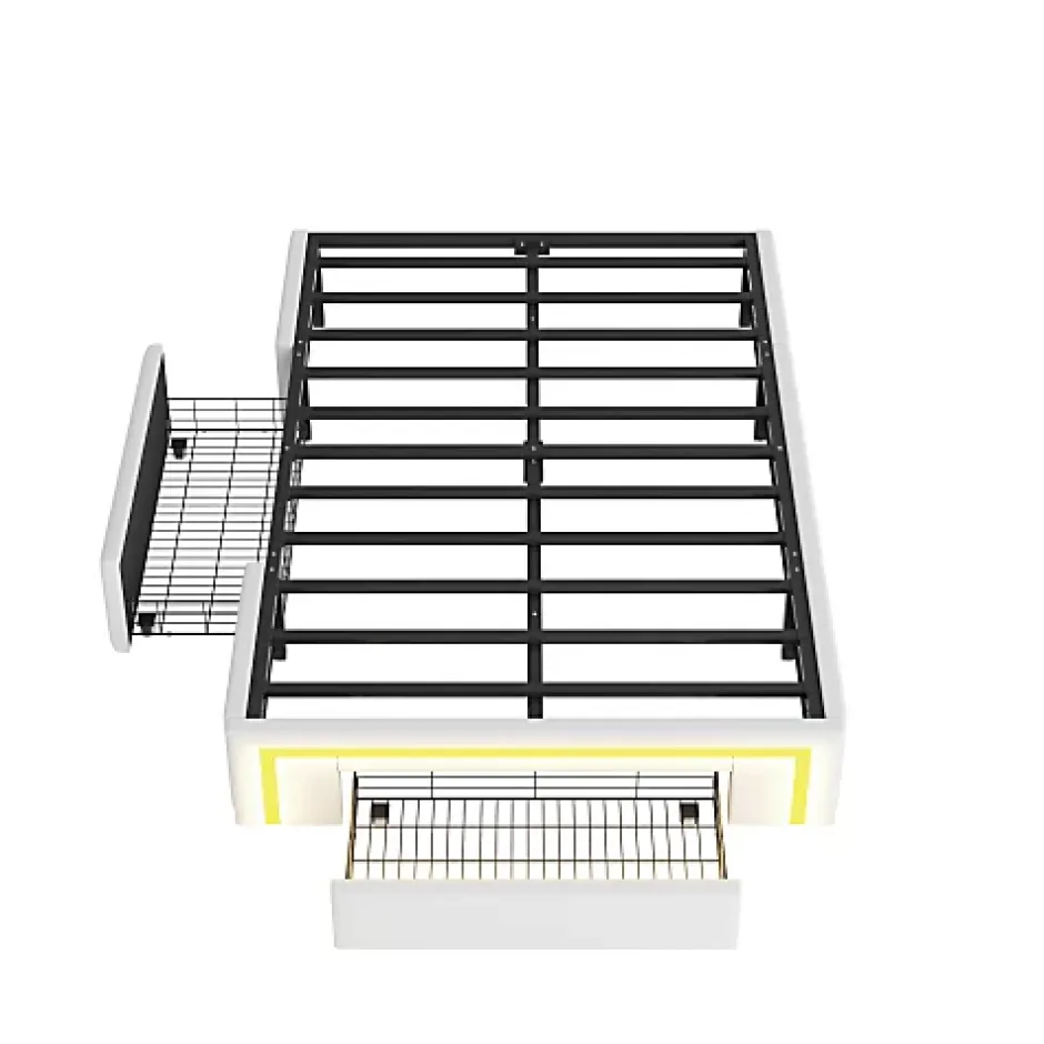 ModernLuxe Lit simple 90x200cm - 2 tiroirs - sans tête de lit - LED - blanc (matelas non inclus)