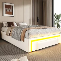 ModernLuxe Lit simple 90x200cm - 2 tiroirs - sans tête de lit - LED - blanc (matelas non inclus)