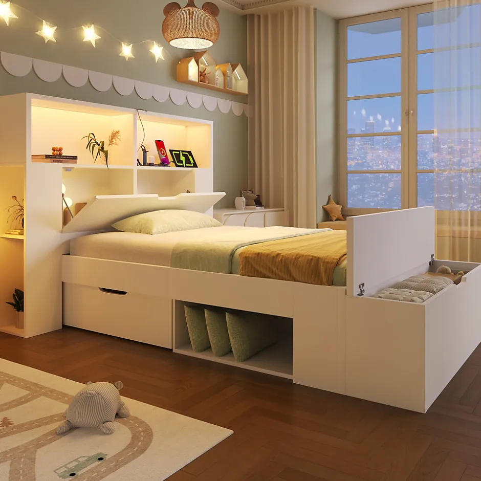 ModernLuxe Lit simple 90x200cm - avec lumière LED et port USB - avec banc coffre - grand espace de rangement - Blanc (sans matelas)