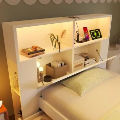 ModernLuxe Lit simple 90x200cm - avec lumière LED et port USB - avec banc coffre - grand espace de rangement - Blanc (sans matelas)