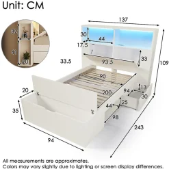 ModernLuxe Lit simple 90x200cm - avec lumière LED et port USB - avec banc coffre - grand espace de rangement - Blanc (sans matelas)