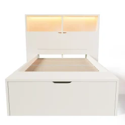 ModernLuxe Lit simple 90x200cm - avec lumière LED et port USB - avec banc coffre - grand espace de rangement - Blanc (sans matelas)