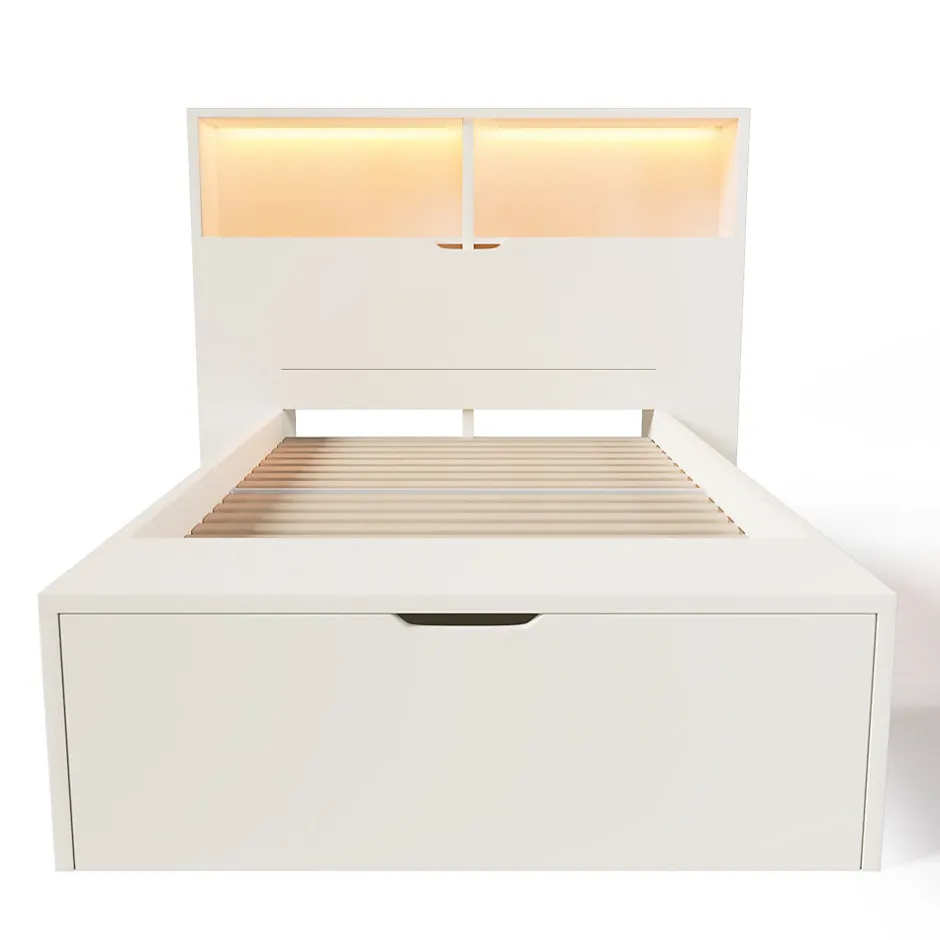 ModernLuxe Lit simple 90x200cm - avec lumière LED et port USB - avec banc coffre - grand espace de rangement - Blanc (sans matelas)