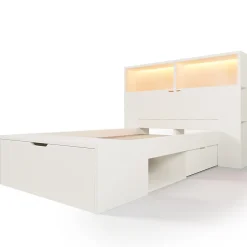ModernLuxe Lit simple 90x200cm - avec lumière LED et port USB - avec banc coffre - grand espace de rangement - Blanc (sans matelas)