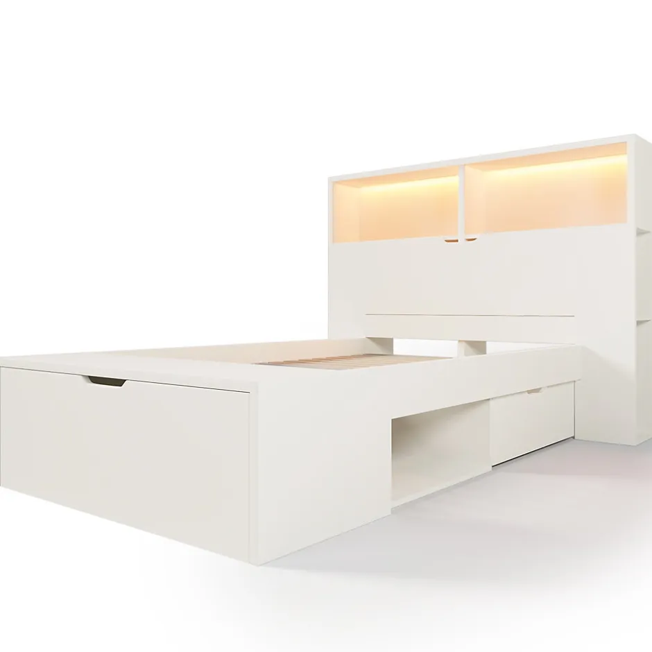 ModernLuxe Lit simple 90x200cm - avec lumière LED et port USB - avec banc coffre - grand espace de rangement - Blanc (sans matelas)