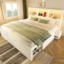 ModernLuxe Lit simple 140x200cm - LED - USB-C - rangements - table de chevet mobile - blanc (matelas non inclus)