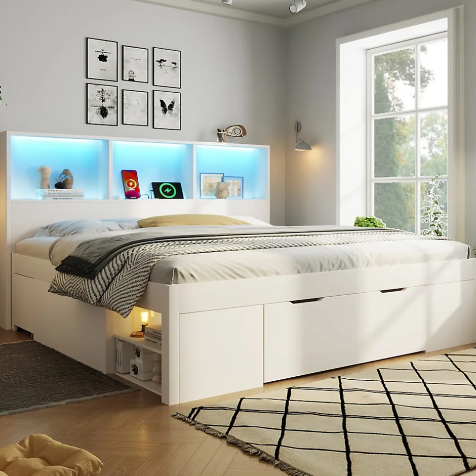 ModernLuxe Lit simple 140x200cm - LED - USB-C - rangements - table de chevet mobile - blanc (matelas non inclus)