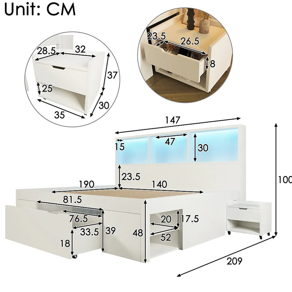 ModernLuxe Lit simple 140x200cm - LED - USB-C - rangements - table de chevet mobile - blanc (matelas non inclus)