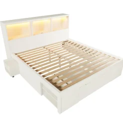 ModernLuxe Lit simple 140x200cm - LED - USB-C - rangements - table de chevet mobile - blanc (matelas non inclus)