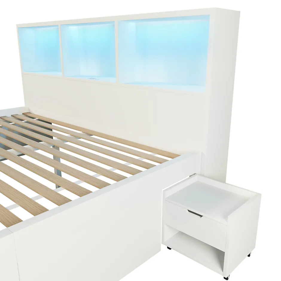 ModernLuxe Lit simple 140x200cm - LED - USB-C - rangements - table de chevet mobile - blanc (matelas non inclus)