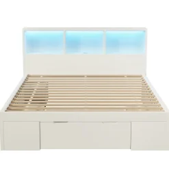 ModernLuxe Lit simple 140x200cm - LED - USB-C - rangements - table de chevet mobile - blanc (matelas non inclus)
