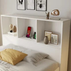 ModernLuxe Lit simple 90x200cm - LED - USB-C - rangements - table de chevet mobile - blanc (matelas non inclus)