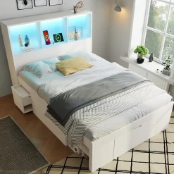 ModernLuxe Lit simple 90x200cm - LED - USB-C - rangements - table de chevet mobile - blanc (matelas non inclus)