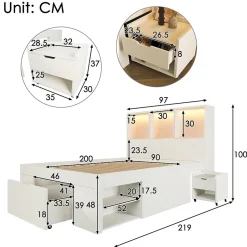 ModernLuxe Lit simple 90x200cm - LED - USB-C - rangements - table de chevet mobile - blanc (matelas non inclus)