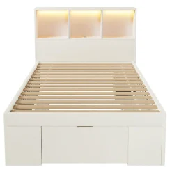 ModernLuxe Lit simple 90x200cm - LED - USB-C - rangements - table de chevet mobile - blanc (matelas non inclus)