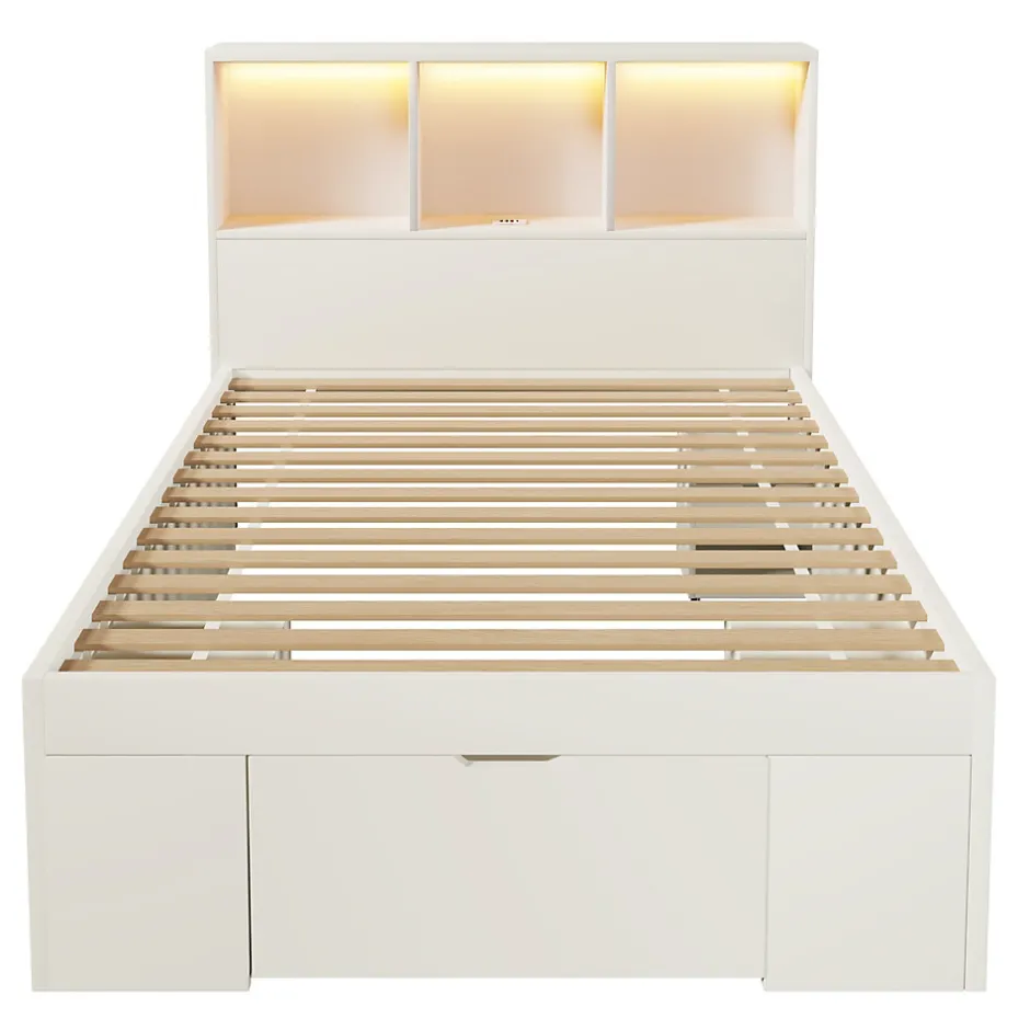 ModernLuxe Lit simple 90x200cm - LED - USB-C - rangements - table de chevet mobile - blanc (matelas non inclus)