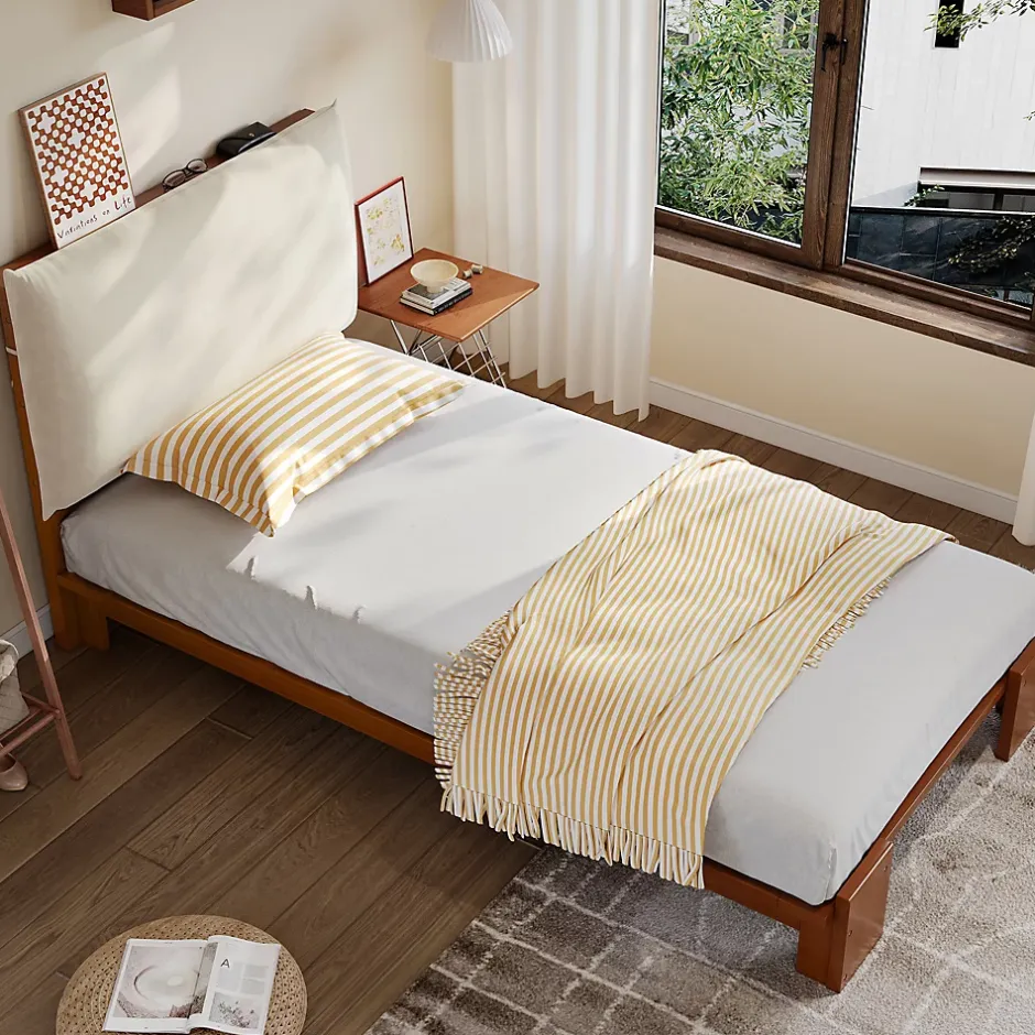 ModernLuxe Lit simple 90x200cm - tête de lit rembourrée amovible - bois massif + éponge + contreplaqué - Brun (matelas non inclus) Discount