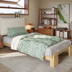 ModernLuxe Lit simple 90x200cm - tête de lit rembourrée amovible - bois massif + éponge + contreplaqué - Naturel (matelas non inclus) Outlet