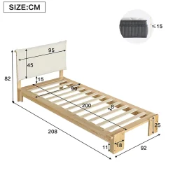 ModernLuxe Lit simple 90x200cm - tête de lit rembourrée amovible - bois massif + éponge + contreplaqué - Naturel (matelas non inclus) Outlet