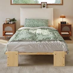 ModernLuxe Lit simple 90x200cm - tête de lit rembourrée amovible - bois massif + éponge + contreplaqué - Naturel (matelas non inclus) Outlet