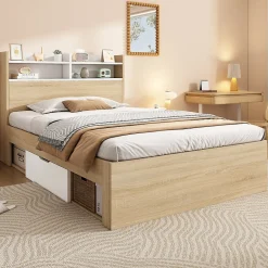 ModernLuxe Lit simple 90x200cm avec 2 tiroirs - tête de lit avec étagère - panneaux de particules+bois massif - Naturel(matelas non inclus)