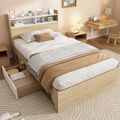 ModernLuxe Lit simple 90x190cm avec 2 tiroirs - tête de lit avec étagère - panneaux de particules+bois massif - Naturel(matelas non inclus)