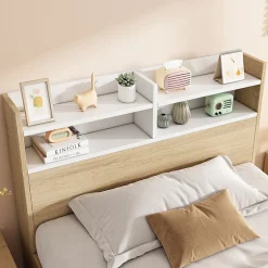 ModernLuxe Lit simple 90x190cm avec 2 tiroirs - tête de lit avec étagère - panneaux de particules+bois massif - Naturel(matelas non inclus)