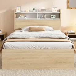ModernLuxe Lit simple 90x190cm avec 2 tiroirs - tête de lit avec étagère - panneaux de particules+bois massif - Naturel(matelas non inclus)