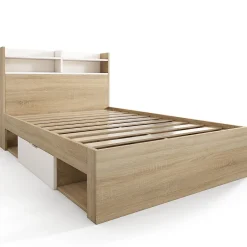 ModernLuxe Lit simple 90x190cm avec 2 tiroirs - tête de lit avec étagère - panneaux de particules+bois massif - Naturel(matelas non inclus)