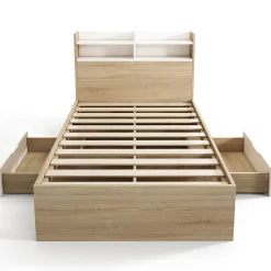 ModernLuxe Lit simple 90x190cm avec 2 tiroirs - tête de lit avec étagère - panneaux de particules+bois massif - Naturel(matelas non inclus)