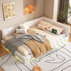 Enfant Fortuna lai Lit Simple 140x200cm, Canapé-Lit avec Éclairage Ambiant, USB, Typ-C, Blanc