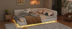 Enfant Fortuna lai Lit Simple 140x200cm, Canapé-Lit avec Éclairage Ambiant, USB, Typ-C, Blanc