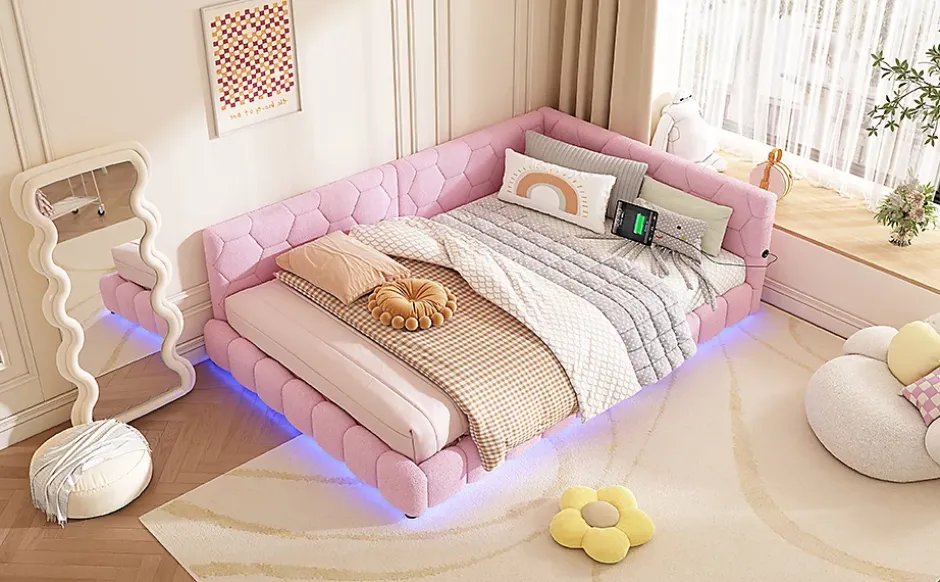 Fortuna lai Lit Simple 140x200cm, Canapé-Lit avec Éclairage Ambiant, USB, Typ-C, Rose Sale