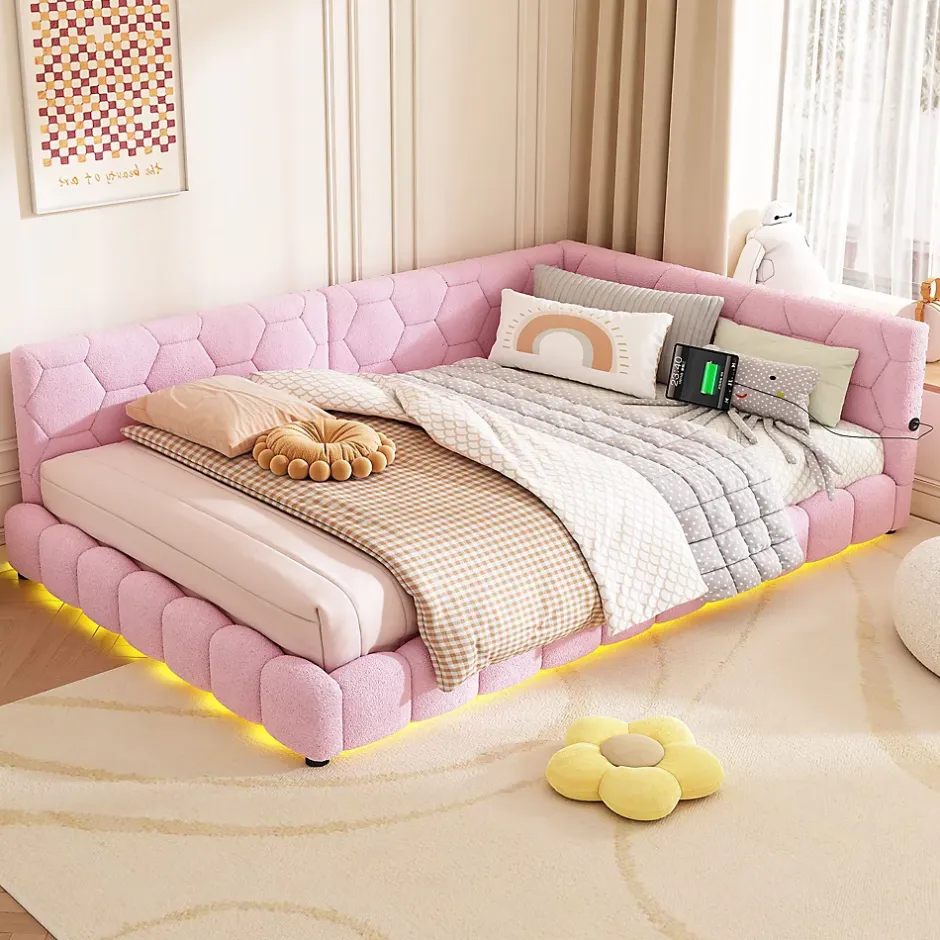 Fortuna lai Lit Simple 140x200cm, Canapé-Lit avec Éclairage Ambiant, USB, Typ-C, Rose Sale