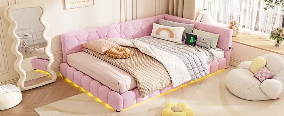Fortuna lai Lit Simple 140x200cm, Canapé-Lit avec Éclairage Ambiant, USB, Typ-C, Rose Sale