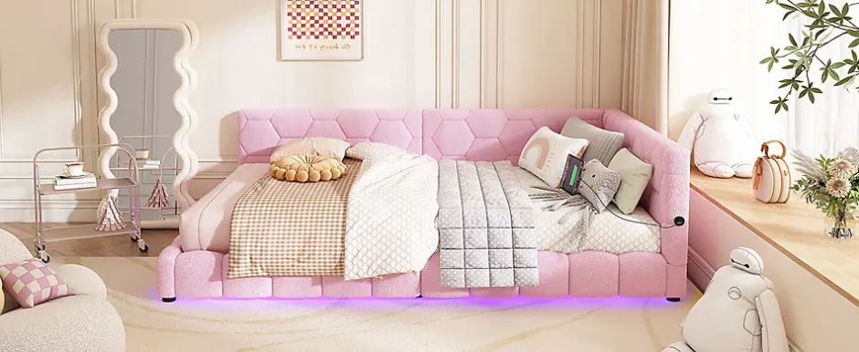 Fortuna lai Lit Simple 140x200cm, Canapé-Lit avec Éclairage Ambiant, USB, Typ-C, Rose Sale