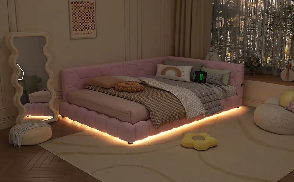 Fortuna lai Lit Simple 140x200cm, Canapé-Lit avec Éclairage Ambiant, USB, Typ-C, Rose Sale