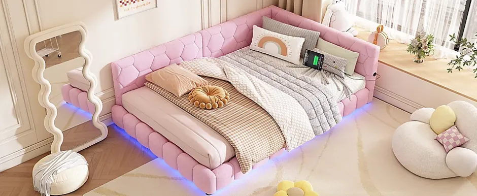 Fortuna lai Lit Simple 140x200cm, Canapé-Lit avec Éclairage Ambiant, USB, Typ-C, Rose Sale
