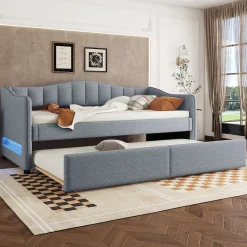 Enfant Fortuna lai Lit Simple 90x200cm, Canapé-Lit avec Tiroirs et Éclairage Ambiant, Beige