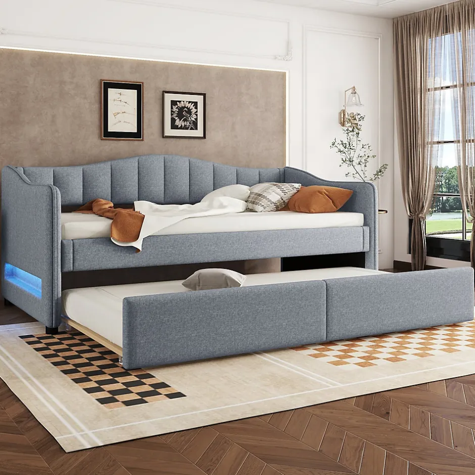 Enfant Fortuna lai Lit Simple 90x200cm, Canapé-Lit avec Tiroirs et Éclairage Ambiant, Beige