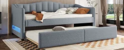 Enfant Fortuna lai Lit Simple 90x200cm, Canapé-Lit avec Tiroirs et Éclairage Ambiant, Beige