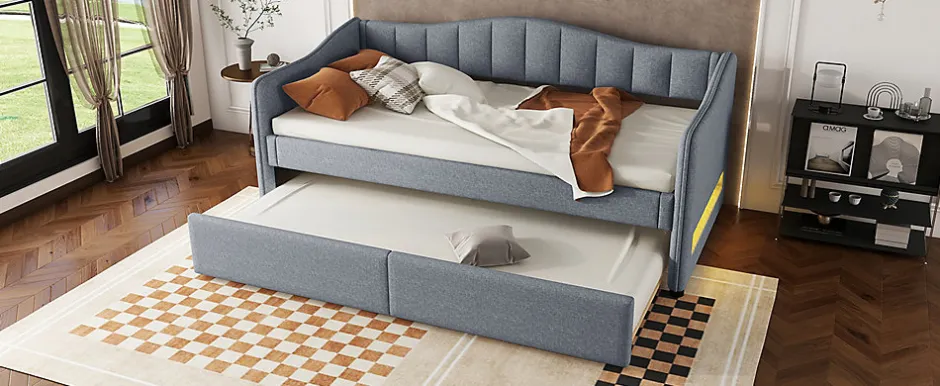 Enfant Fortuna lai Lit Simple 90x200cm, Canapé-Lit avec Tiroirs et Éclairage Ambiant, Beige