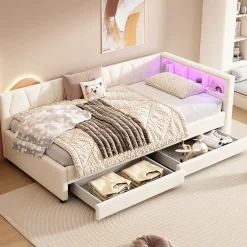 Enfant Fortuna lai Lit Simple 90x200cm, Canapé-Lit avec Tiroirs, USB, Éclairage Ambiant, Beige