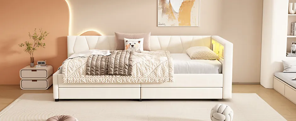 Enfant Fortuna lai Lit Simple 90x200cm, Canapé-Lit avec Tiroirs, USB, Éclairage Ambiant, Beige