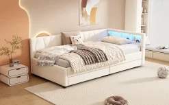 Enfant Fortuna lai Lit Simple 90x200cm, Canapé-Lit avec Tiroirs, USB, Éclairage Ambiant, Beige