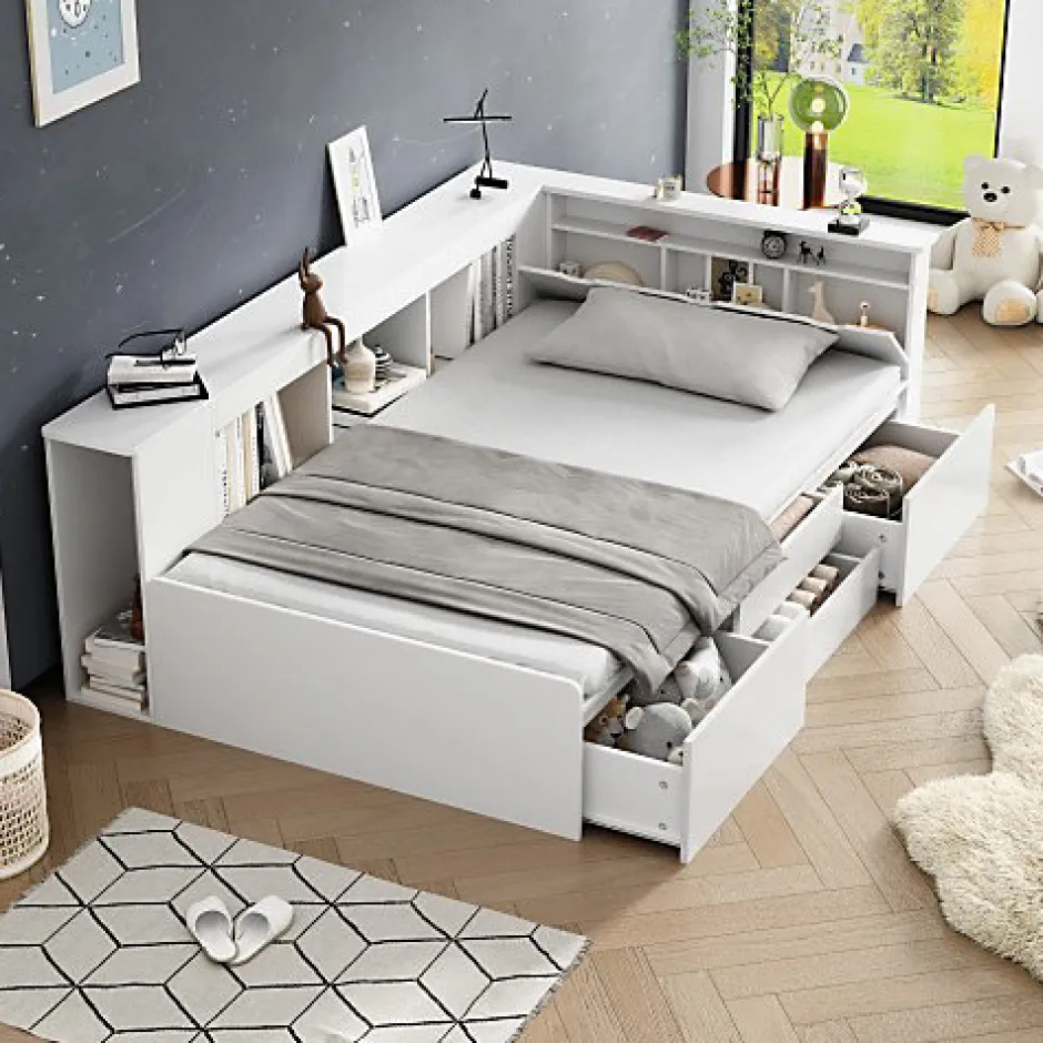 ModernLuxe Lit simple 90x200cm en bois massif - avec rangements multifonctions - Blanc Discount